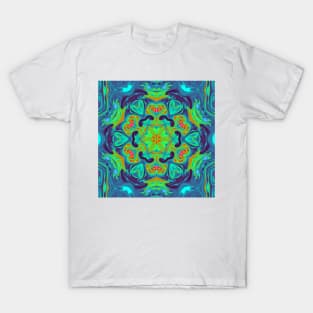 Psychedelic Mandala Flower Green Blue and Red T-Shirt